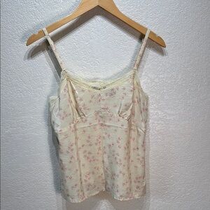 American Eagle Women's Size 10 Floral Cream Pink 100% Silk Camisole Side Zip Top
